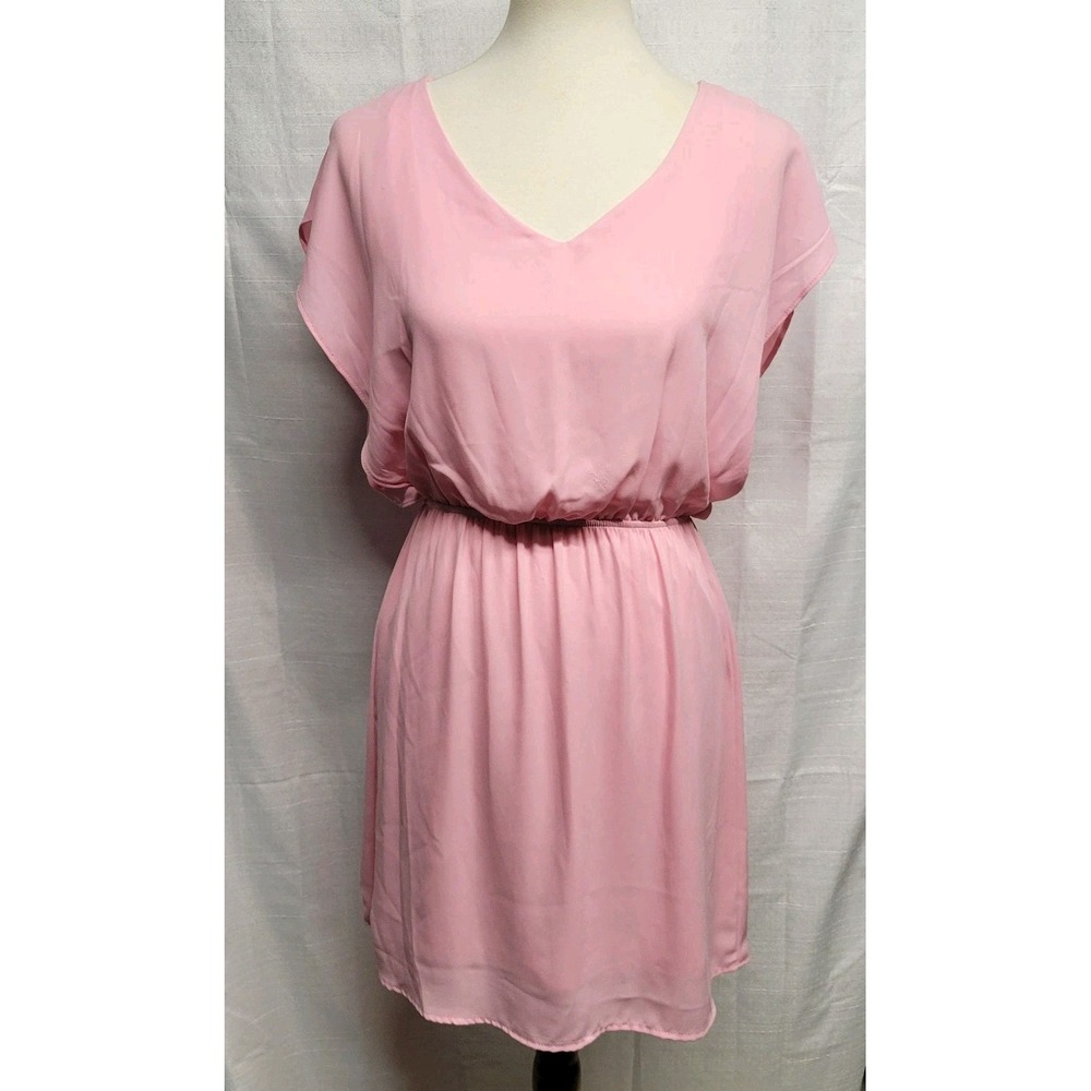Buttons Pink Chiffon Blouson V-Neck Cap Sleeve A-Line Mini Dress Womens S *READ*